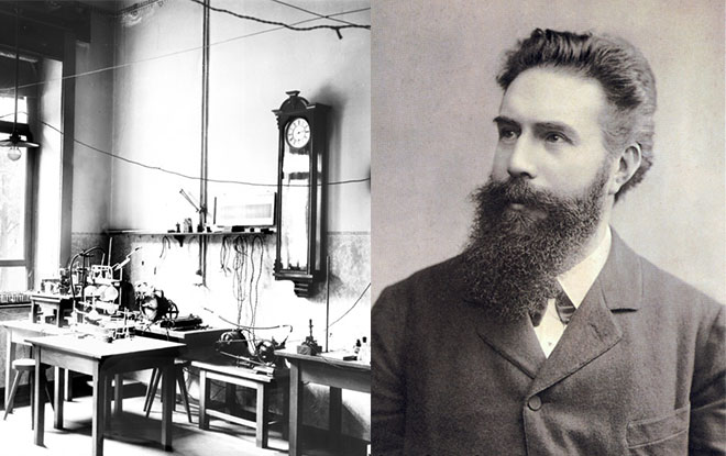 Right: Wilhelm Conrad Röntgen Left: His lab in Würzburg, Germany, 1895. © Deutsches Röntgen-Museum